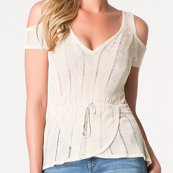 bebe Tops - BEBE Wrap Hem Cold Shoulder Sweater Top in Sand